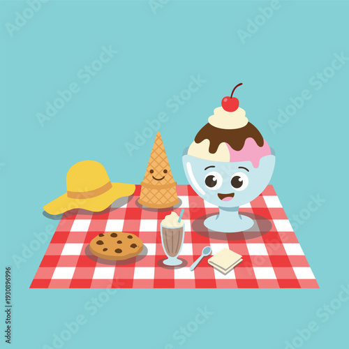 Cute Ice Cream Sundae and Picnic Food Characters.