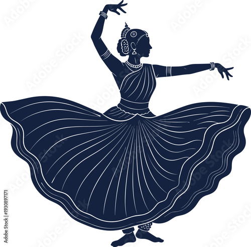 Traditional Indian classical dancer silhouette in elegant dancing pose with ethnic jewelry and wide skirt, black vector icon for Bharatnatyam Kathak and cultural performance design