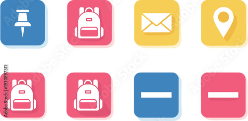 Flat App Icon Vector Set with Backpack, Envelope, Location Pin, Push Pin, and Minus Symbols for Mobile Interface Designs