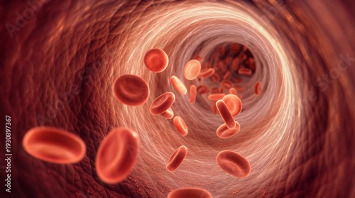 Blood Vessel Scene Flowing Red Blood Cells in Narrow Vessel Centered in High Detail