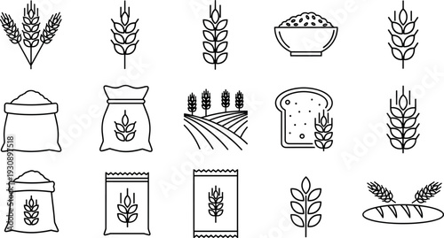 Grain and Wheat Line Icon Set with Bread Flour Farming Symbols for Bakery Agriculture Packaging and Food Industry Vector Designs