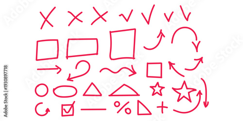 A collection of red hand drawn shapes and symbols on a white background