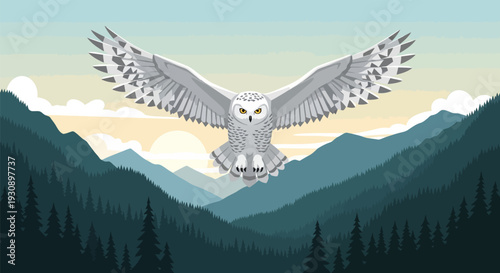 White owl flying over mountains and forest landscape illustration.