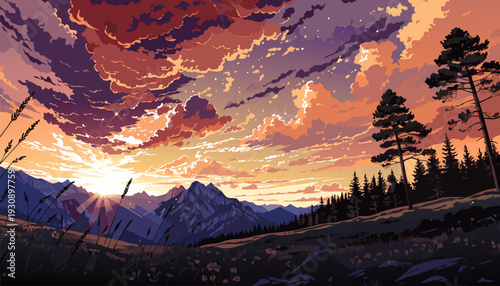 A breathtaking pixel art illustration of a serene mountain landscape bathed in the vibrant hues of a stunning sunset, evoking peace and digital artistry