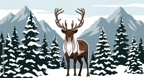 Reindeer standing in snowy forest with mountains in the background.