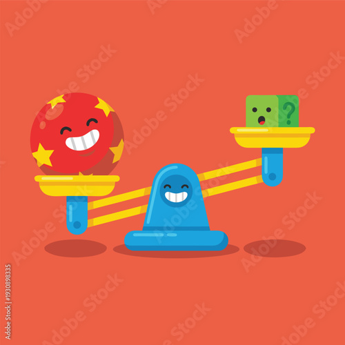 Cute Cartoon Balance Scale With Happy Characters.