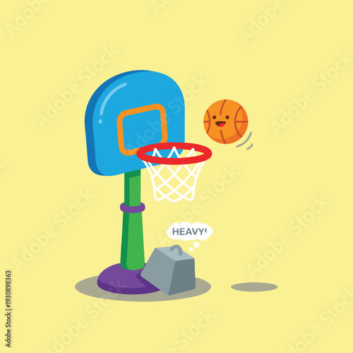 Cute cartoon basketball hoop with a happy basketball and a heavy rock.
