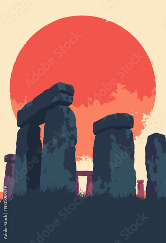 Stonehenge, depicted as massive, brutalist black rectangular blocks Behind stones is giant, perfect red circle sun cream background Imposing mysterious Ample negative space