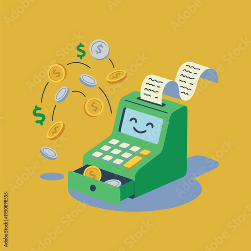 Cute cartoon cash register with coins and dollar signs.