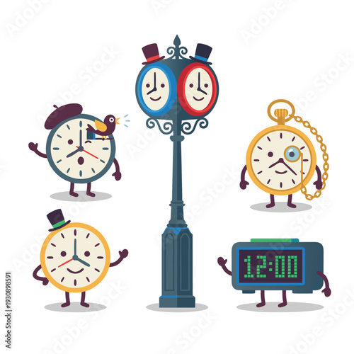 Cute cartoon clocks with faces and limbs.