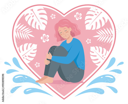 Young woman finds peace and serenity within a pink heart surrounded by tropical leaves and gentle water splashes, symbolizing self-care and emotional well-being.