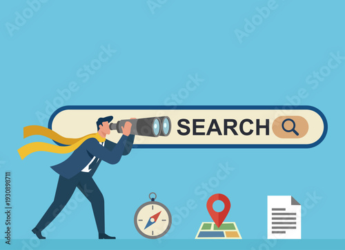 Businessman Using Binoculars on Search Bar to Find Information and Navigation, Strategic market research and analysis, finding digital information online, business navigation and discovery