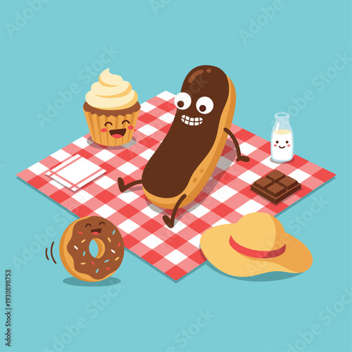 Cute Cartoon Eclair and Friends Enjoying a Picnic.