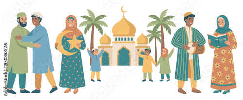 Muslim people celebrating religious holiday with family and friends near mosque, engaging in traditional activities and showing unity.