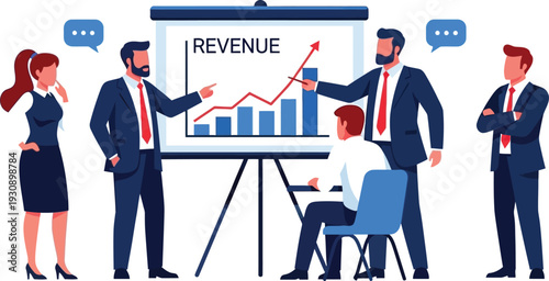 Business professionals discuss revenue growth and financial performance in.