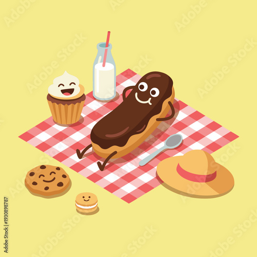 Cute Cartoon Eclair Character Relaxing on Picnic Blanket with Treats.