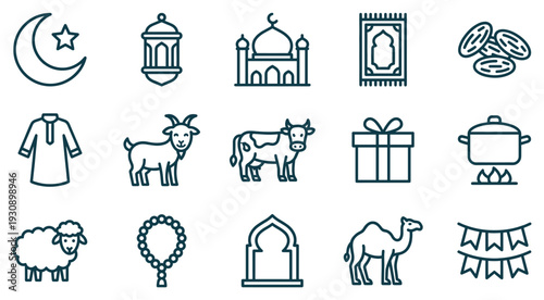 Islamic holiday celebration traditional symbols icon set featuring mosque, crescent, prayer rug, animals, and festive elements for religious events.