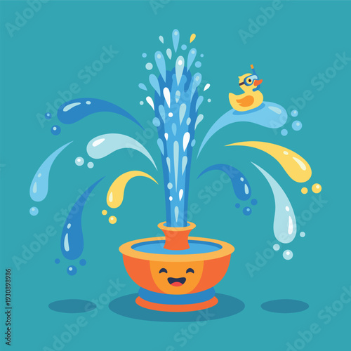 Cute cartoon fountain with a happy face and a rubber duck.