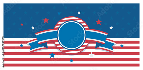 Patriotic banner design with stars and stripes featuring a central emblem and decorative ribbons for celebration.