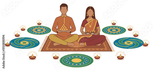 Indian couple celebrating festival with traditional sweets and lamps, sitting on a patterned rug amidst glowing diyas.
