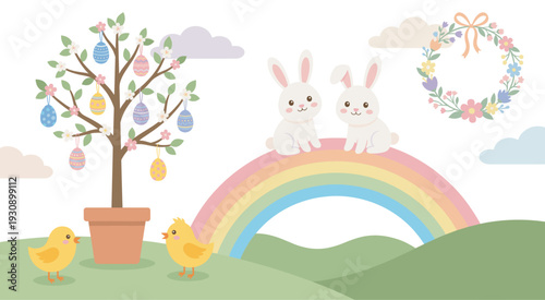 Two sweet bunnies, an Easter tree, and little chicks celebrate the arrival of spring with colorful eggs and a rainbow.