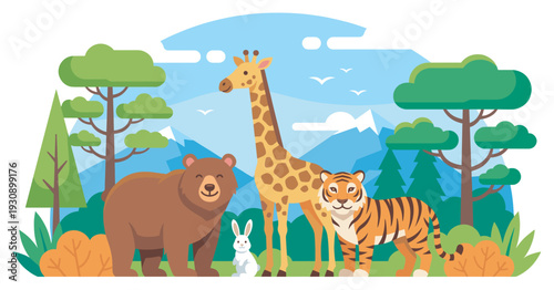 Bear, giraffe, rabbit, tiger, and other friendly wild animals gather together in a vibrant natural landscape illustration.