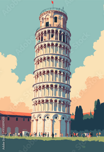 Leaning Tower Pisa, drawn forced, dramatic perspective making it look monumental rather than quirky Heavy Romanesque arches black ink Constructivist diagonal layout Blank space