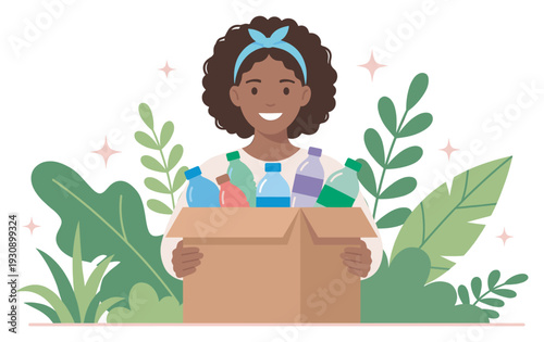 Smiling woman holds cardboard box filled with plastic bottles, actively participating in environmental recycling efforts.