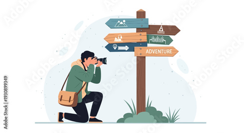 Photographer Capturing Diverse Destinations At A Crossroads Signpost Adventure