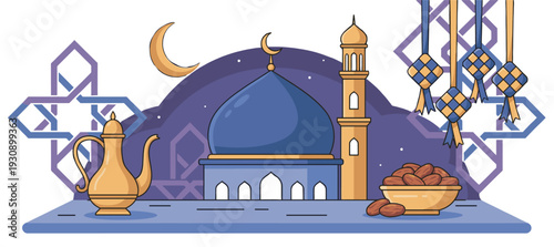 Vibrant Islamic celebration elements featuring a mosque, dates, traditional coffee pot, and festive hanging decorations for cultural events.