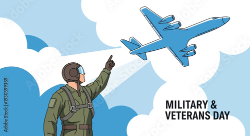 Pilot Points To Airplane During Military Veterans Day Celebration Above Clouds