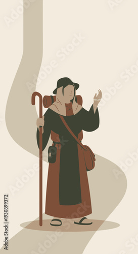 Pilgrim Journeying Along Ancient Path With Staff And Backpack