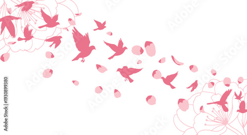 Pink Silhouettes Of Flying Birds And Petals On A White Background