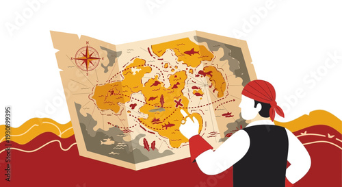 Pirate Navigating a Treasure Map to Find Hidden Riches on an Exotic Island