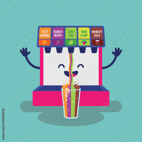 Cute cartoon soda fountain machine pouring colorful drinks into a cup.