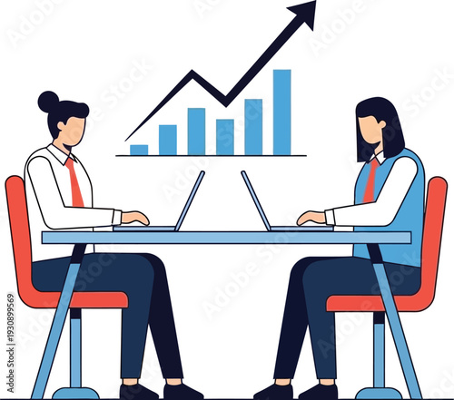 Businesswomen collaborate on laptops, demonstrating financial growth with.