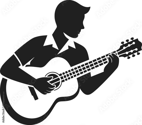 Acoustic guitar player silhouette illustration, musician performing music, male guitarist icon, black monochrome vector isolated design
