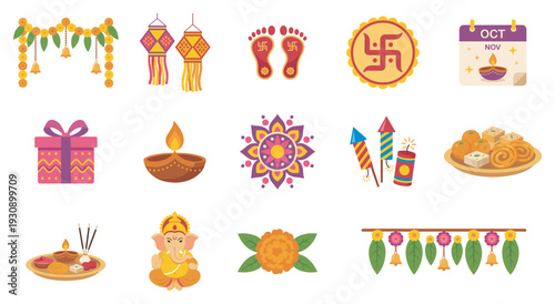 Diwali festival elements and traditional symbols are beautifully arranged in a vibrant collection of icons representing the joyous celebration.