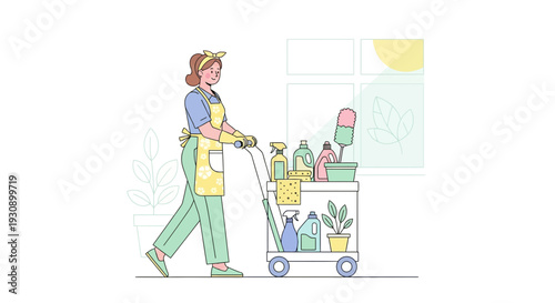 Professional Cleaning Service Provider With Supplies Cart