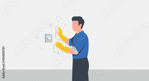 Professional Housekeeping Service Person Cleaning Light Switch with Cloth
