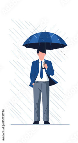 Professional Person Seeking Shelter Under Blue Umbrella During Rainstorm