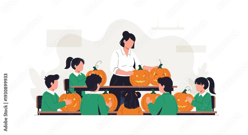 Fototapeta premium Pumpkin Carving With Instructor and Kids Create Spooky Halloween Designs