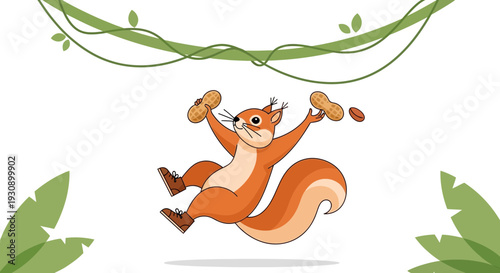 Playful Squirrel Juggles Peanuts While Swinging on Vine With Leaves