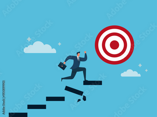 Businessman Running Up Breaking Stairs Toward Target Symbolizing Risk and Ambition, Overcoming obstacles to reach goals, high risk business strategy, urgency in achieving success