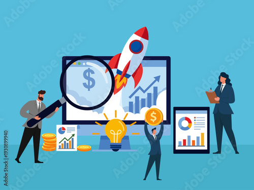Business Team Launching Startup Project with Financial Growth and Innovation Analysis, Analyzing financial profit and investment returns, launching successful business startup rocket