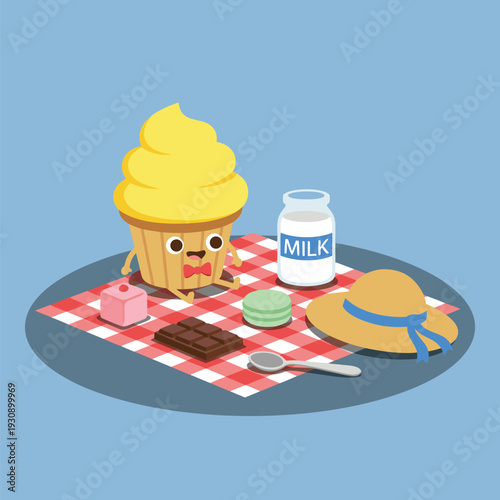 Cute Cupcake Character Having a Picnic with Milk and Sweets.