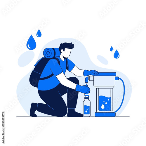 Purification Process: A Traveler Fills Water Bottle with Purified Water Utilizing Portable Filter