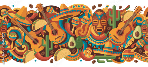 Traditional Mexican fiesta elements create a vibrant and colorful decorative pattern featuring guitars, sombreros, maracas, tacos, and chili peppers.