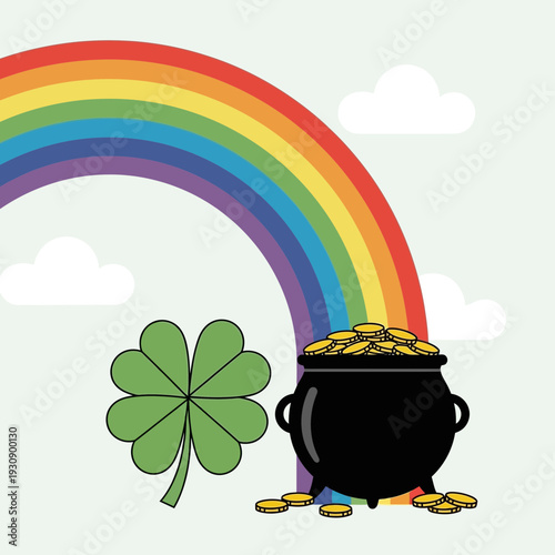 Pot Of Gold Under Vibrant Rainbow With Lucky Clover