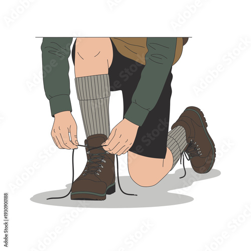 Preparing For Outdoor Adventure Tying Hiking Boots For Expedition